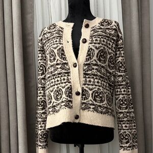 Nicole Miller Cream and Brown Patterned Button-Front Cardigan